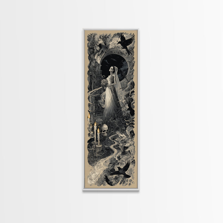 The Skeletal Bride, Architectural Etching Art, Tall Narrow Wall Art, Dark Halloween Decor, Framed Canvas Print