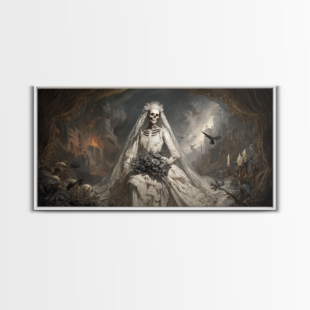 The Skeletal Bride, Apocalyptic Romantic Art, Wide Panoramic Art, Gothic Horror Wall Art, Canvas Print, Halloween Wall Art