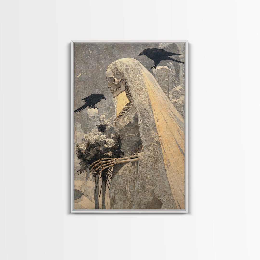 The Skeletal Bride, Symbolist Death Art, Vertical Wall Art, Macabre Wall Art, Framed Canvas Print, Halloween Wall Art