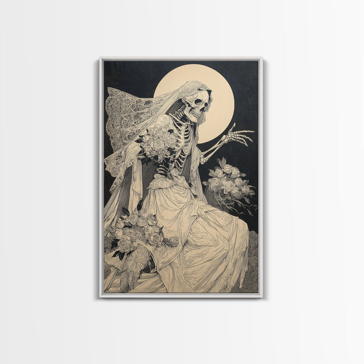 The Skeletal Bride, Symbolist Etching Art, Vertical Wall Art, Macabre Wall Art, Canvas Print, Halloween Wall Art, Statement Wall Art