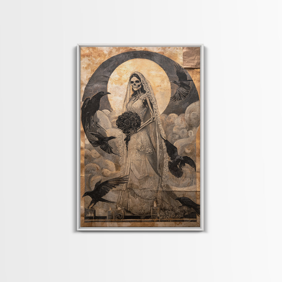 The Skeletal Bride, Expressionist Gothic Art, Vertical Wall Art, Gothic Horror Wall Art, Framed Canvas Print, Halloween Wall Art