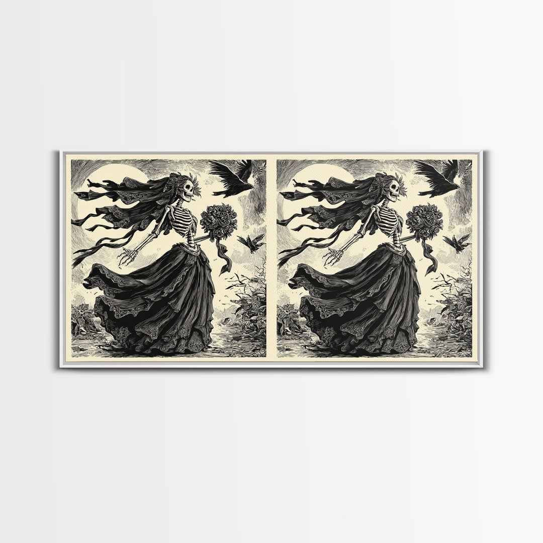The Skeletal Bride, Macabre Folk Print Art, Wide Panoramic Art, Dark Halloween Decor, Framed Canvas Print, Halloween Wall Art