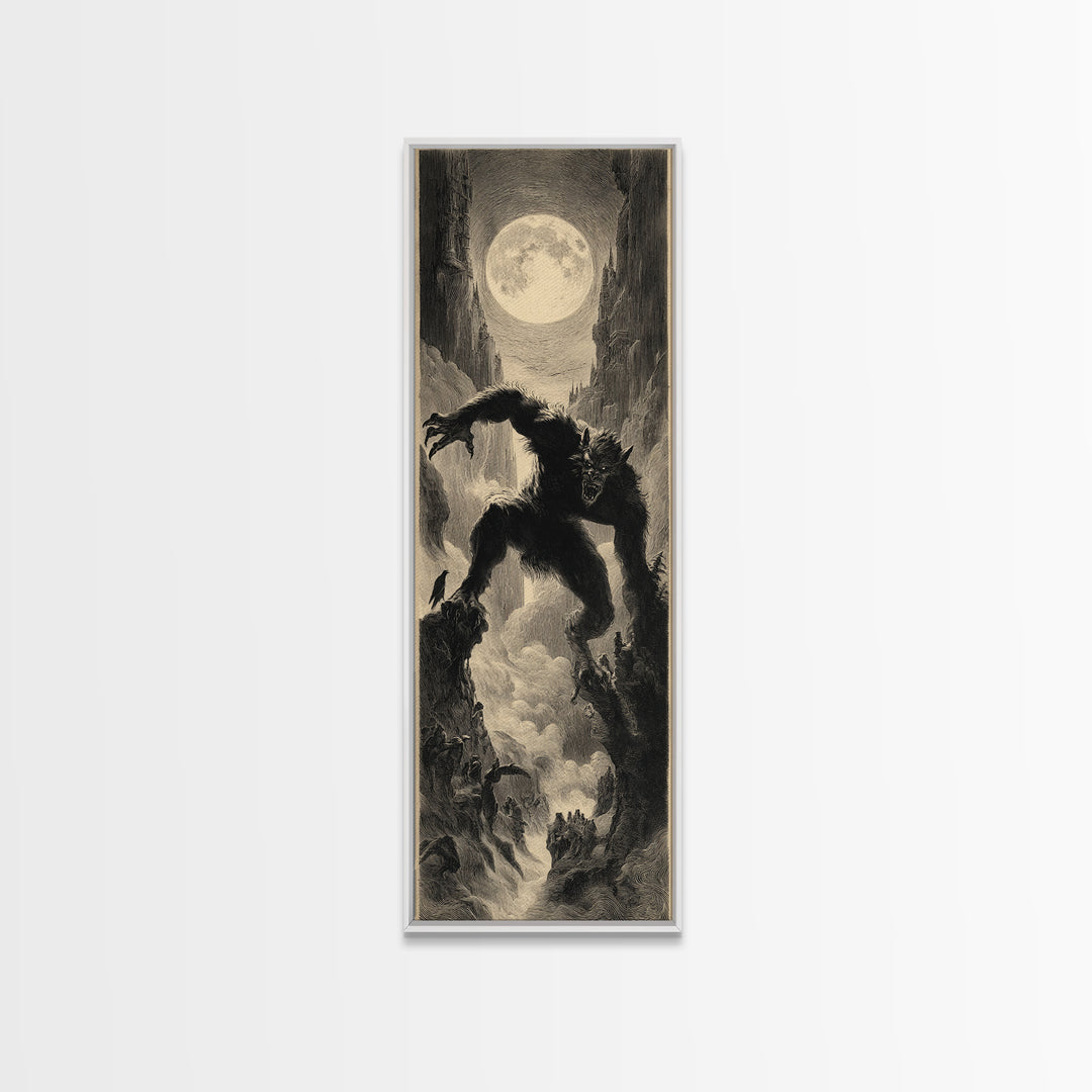 The Moon-Cursed Werewolf, Gothic Engraving Art, Tall Narrow Wall Art, Macabre Wall Art, Framed Canvas Print, Halloween Wall Art