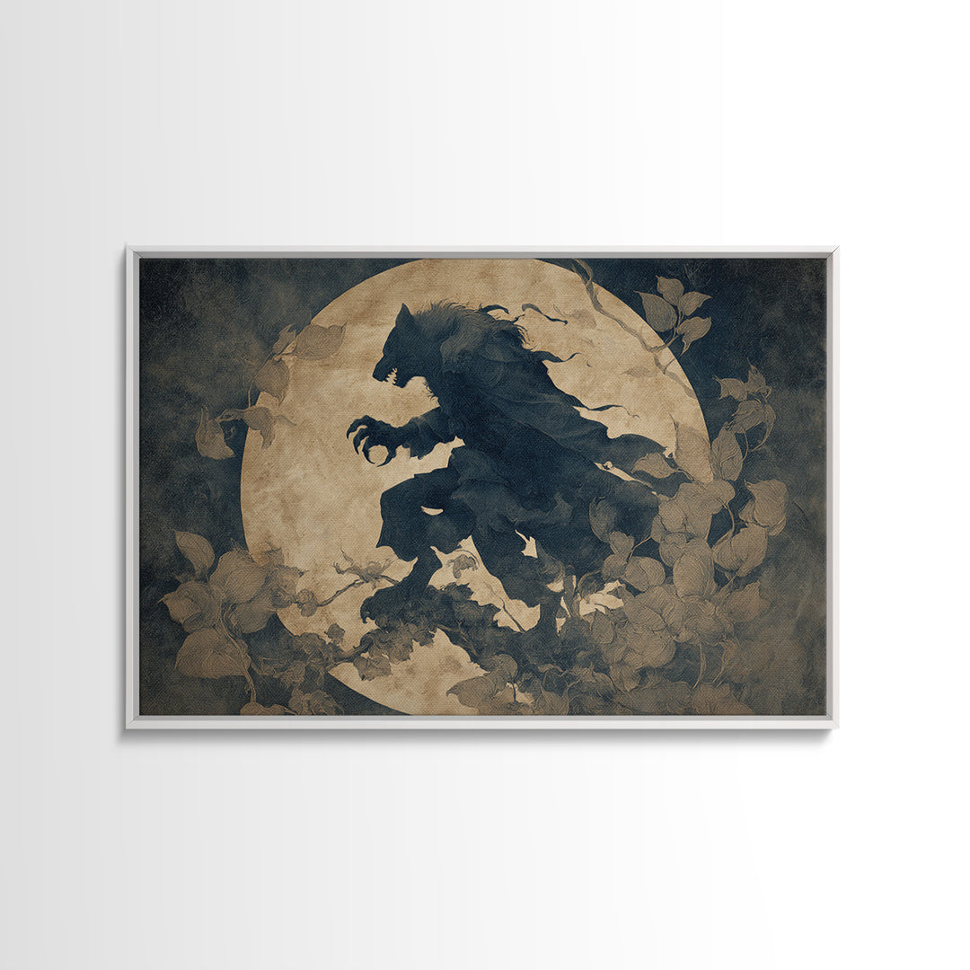 The Moon-Cursed Werewolf, Medieval Grotesque Art, Landscape Wall Art, Macabre Wall Art, Framed Canvas Print, Halloween Wall Art