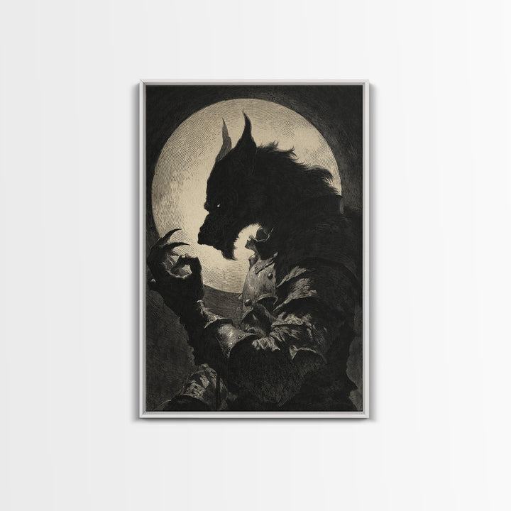 The Moon-Cursed Werewolf, Renaissance Engraving Art, Vertical Wall Art, Macabre Wall Art, Framed Canvas Print, Halloween Wall Art