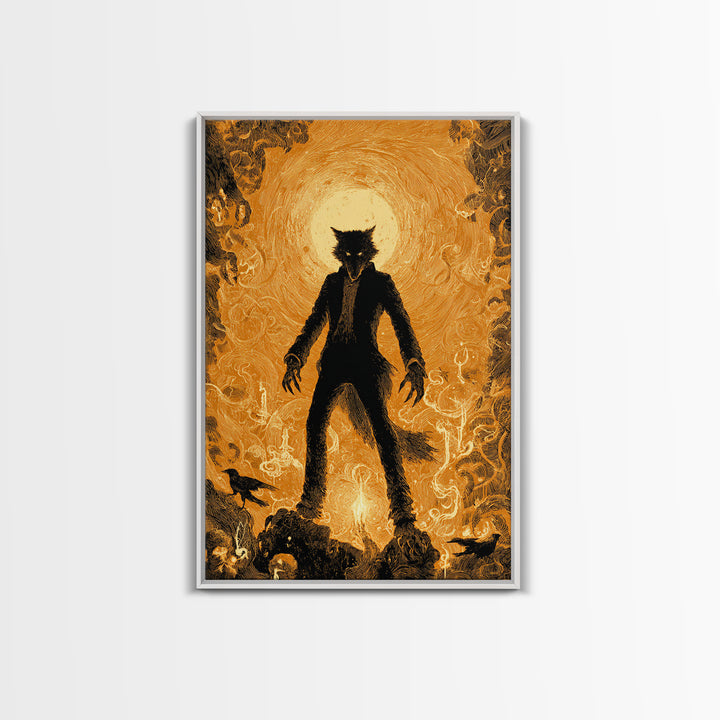 The Moon-Cursed Werewolf, Visionary Gothic Art, Vertical Wall Art, Dark Halloween Decor, Framed Canvas Print, Halloween Wall Art