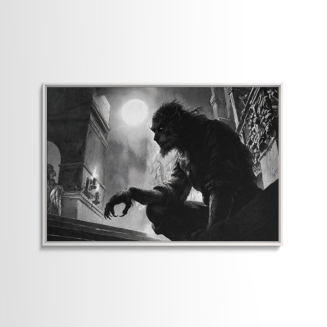 The Moon-Cursed Werewolf, Architectural Etching Art, Landscape Wall Art, Gothic Horror Wall Art, Framed Canvas Print