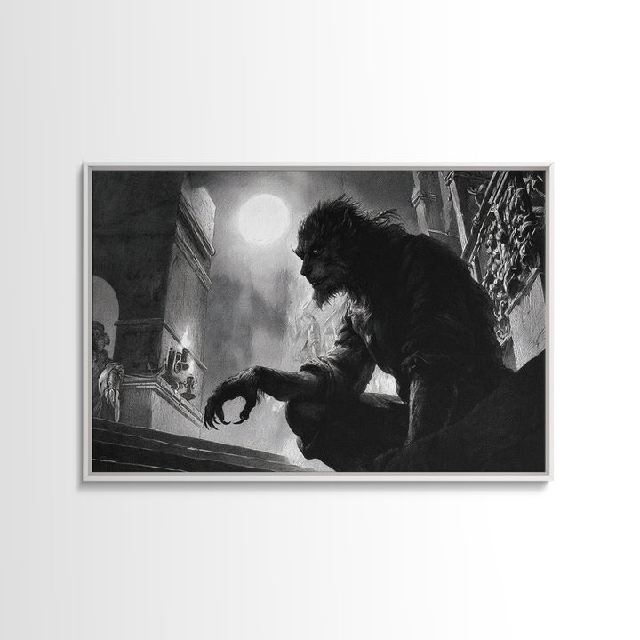 The Moon-Cursed Werewolf, Architectural Etching Art, Landscape Wall Art, Gothic Horror Wall Art, Framed Canvas Print