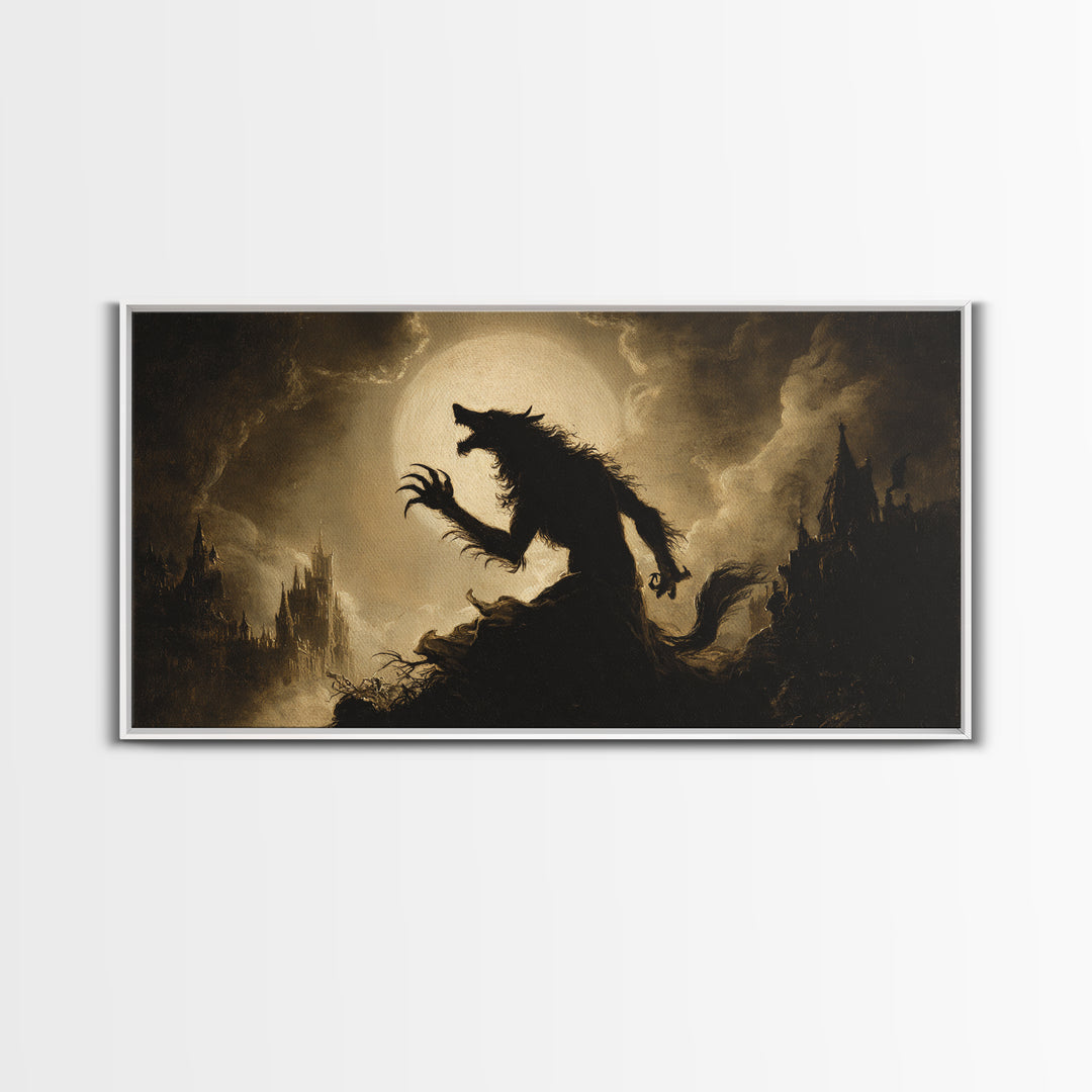 The Moon-Cursed Werewolf, Apocalyptic Romantic Art, Wide Panoramic Art, Gothic Horror Wall Art, Canvas Print, Halloween Wall Art