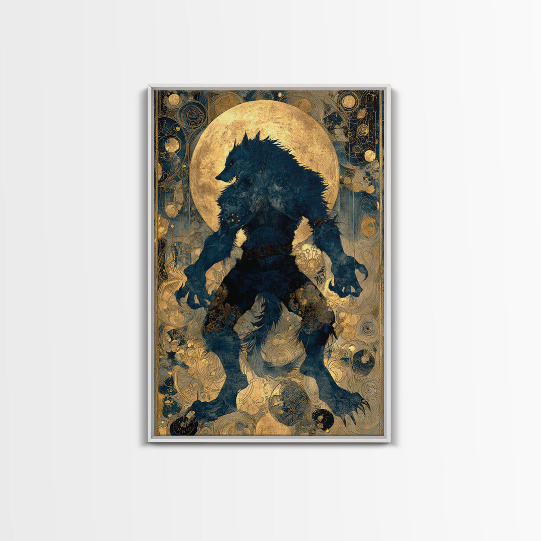 The Moon-Cursed Werewolf, Ornate Symbolist Art, Vertical Wall Art, Macabre Wall Art, Framed Canvas Print, Halloween Wall Art