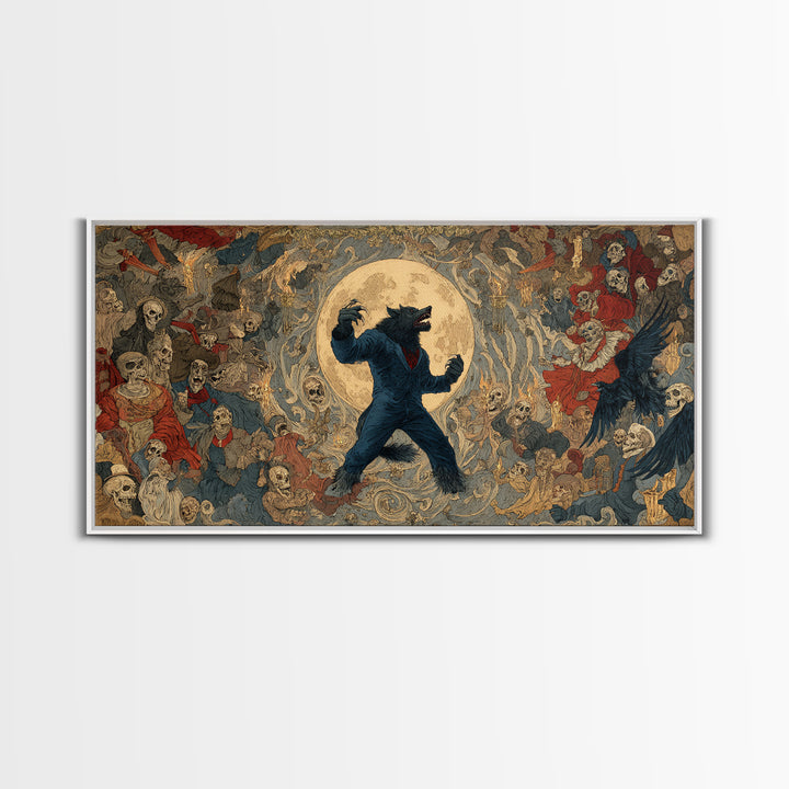 The Moon-Cursed Werewolf, Grotesque Carnival Art, Wide Panoramic Art, Dark Fantasy Wall Art, Canvas Print, Halloween Wall Art