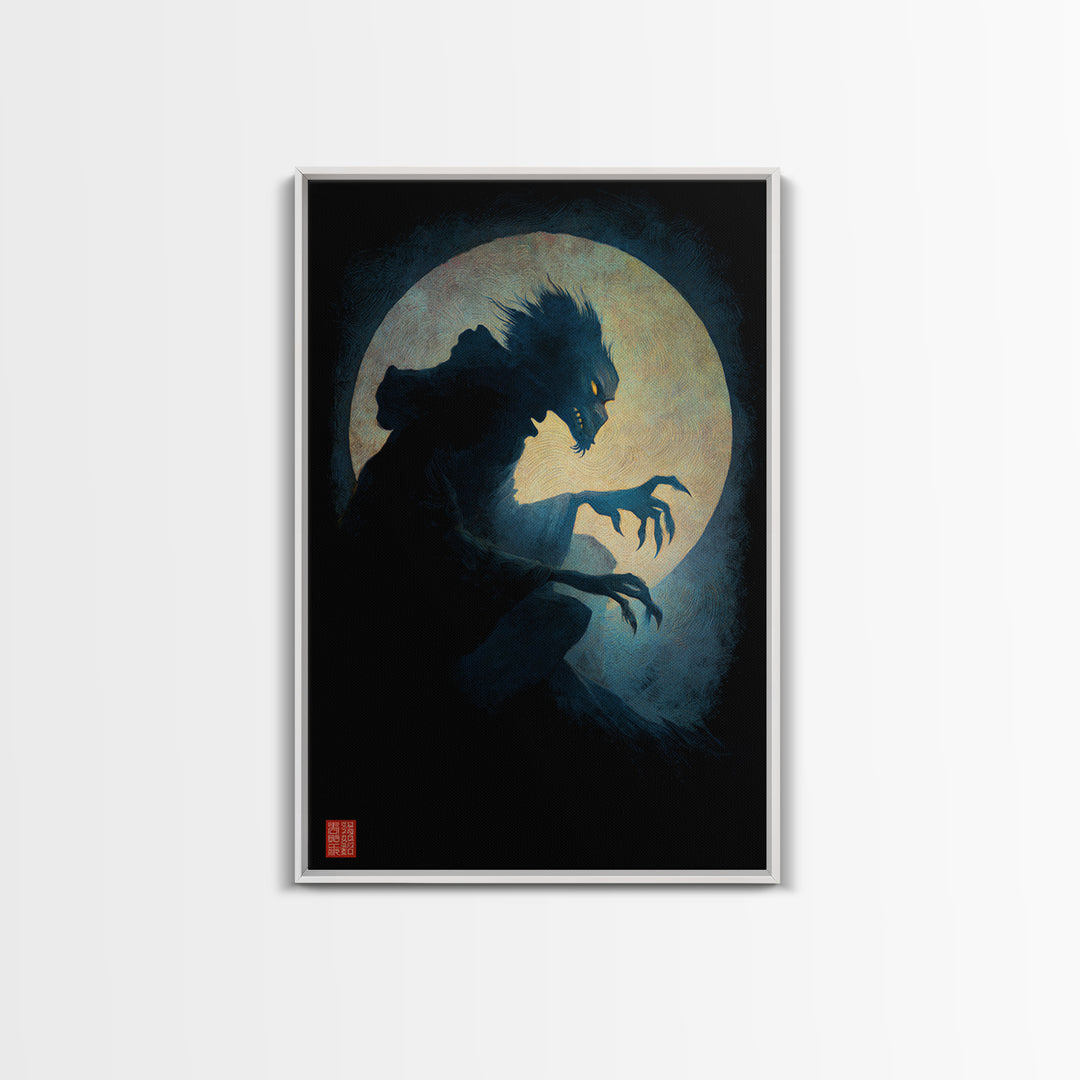 The Moon-Cursed Werewolf, Expressionist Gothic Art, Vertical Wall Art, Dark Halloween Decor, Canvas Print, Halloween Wall Art