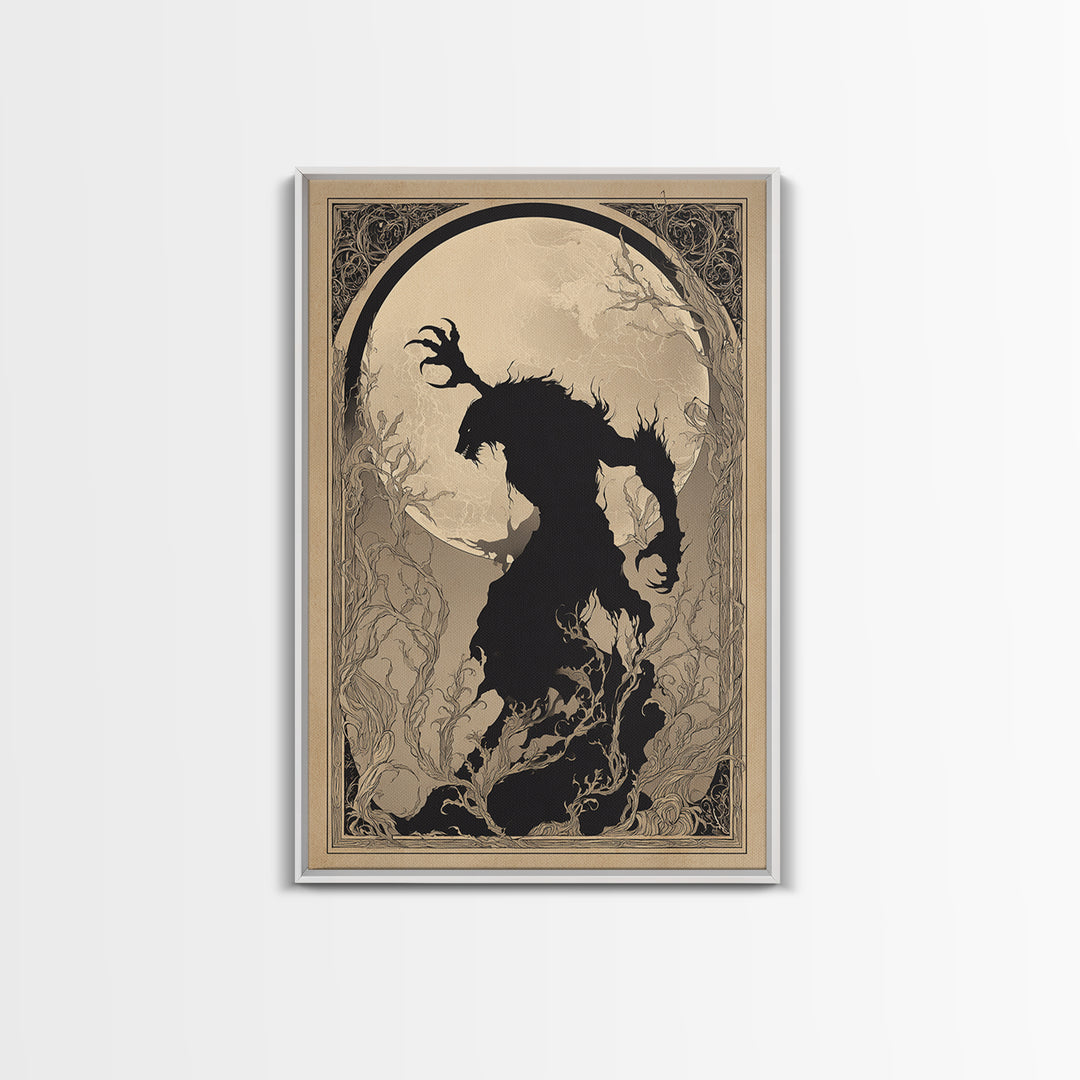 The Moon-Cursed Werewolf, Decadent Line Art, Vertical Wall Art, Dark Fantasy Wall Art, Framed Canvas Print, Halloween Wall Art