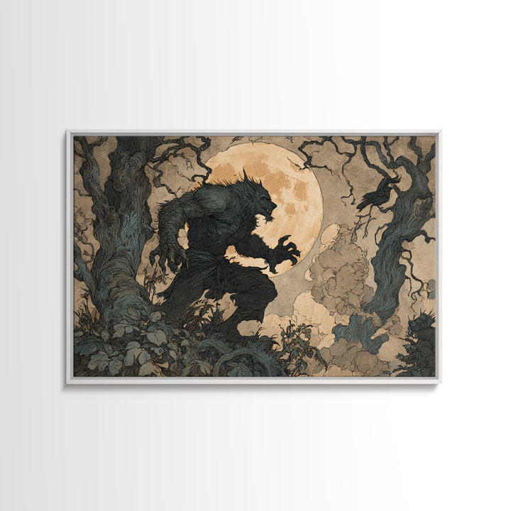 The Moon-Cursed Werewolf, Gothic Storybook Art, Landscape Wall Art, Dark Halloween Decor, Canvas Print, Halloween Wall Art
