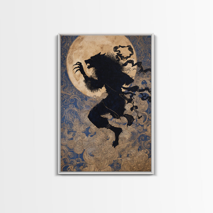 The Moon-Cursed Werewolf, Stained Glass Gothic Art, Vertical Wall Art, Dark Fantasy Wall Art, Framed Canvas Print, Halloween Wall Art