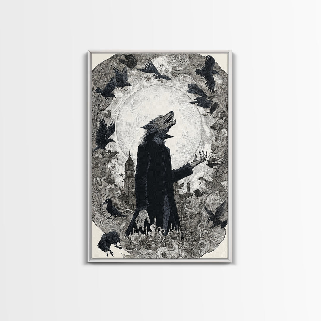 The Moon-Cursed Werewolf, Victorian Macabre Art, Vertical Wall Art, Gothic Horror Wall Art, Framed Canvas Print, Halloween Wall Art