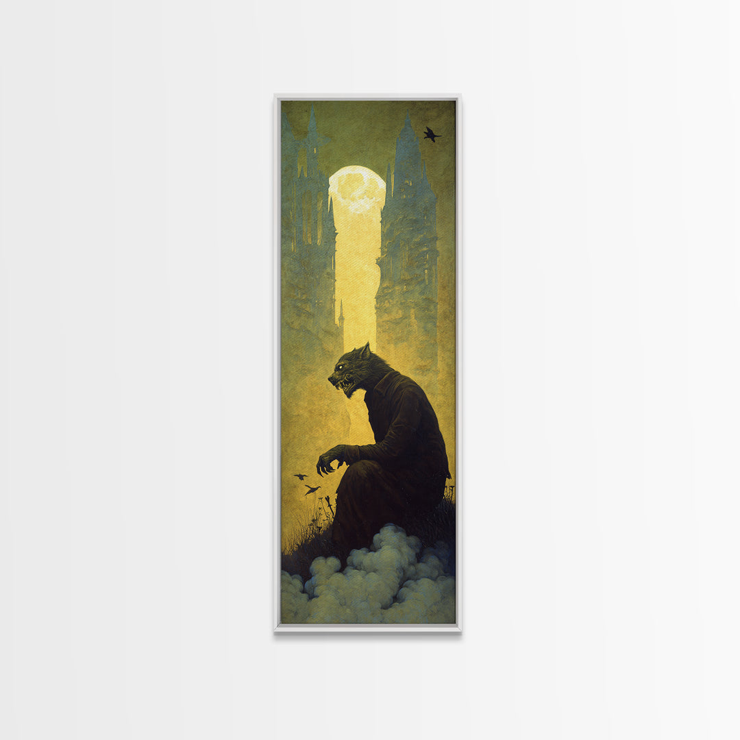 The Moon-Cursed Werewolf, Surreal Apocalyptic Art, Tall Narrow Wall Art, Macabre Wall Art, Canvas Print, Halloween Wall Art