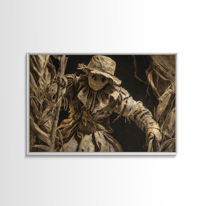 The Living Scarecrow, Architectural Etching Art, Landscape Wall Art, Dark Halloween Decor, Framed Canvas Print