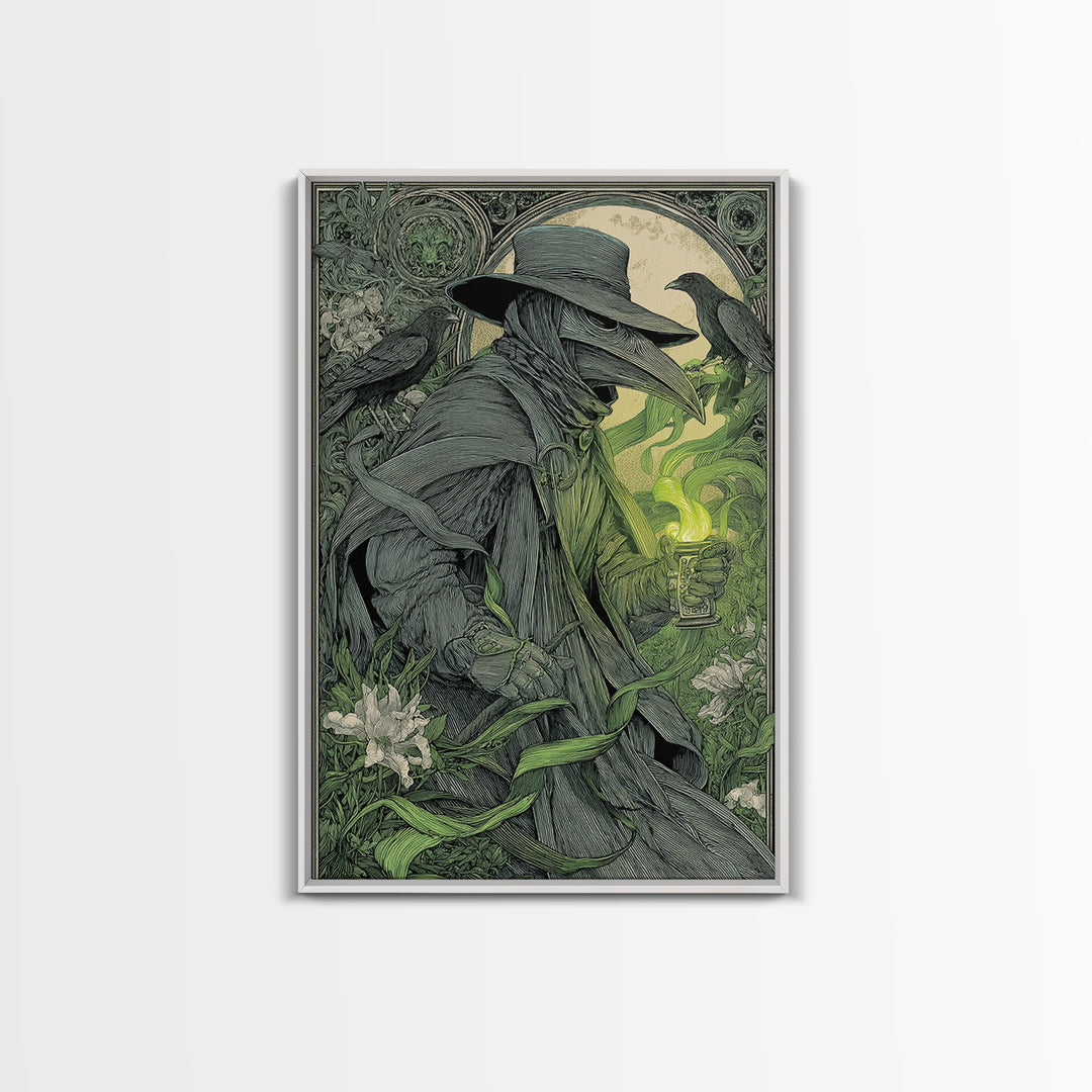 The Plague Doctor, Symbolist Death Art, Vertical Wall Art, Macabre Wall Art, Framed Canvas Print, Halloween Wall Art