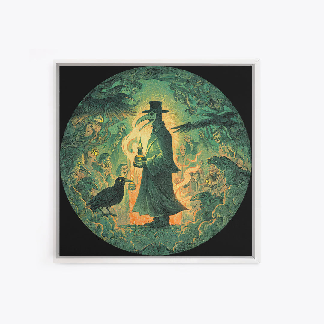 The Plague Doctor, Symbolist Etching Art, Square Wall Art, Dark Halloween Decor, Framed Canvas Print, Halloween Wall Art