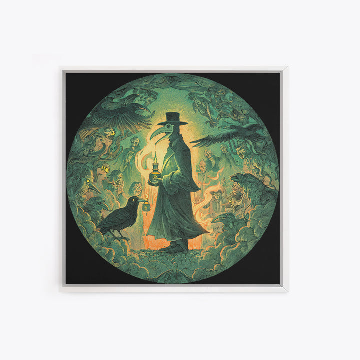 The Plague Doctor, Symbolist Etching Art, Square Wall Art, Dark Halloween Decor, Framed Canvas Print, Halloween Wall Art