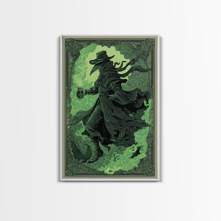 The Plague Doctor, Decadent Line Art, Vertical Wall Art, Dark Halloween Decor, Framed Canvas Print, Halloween Wall Art