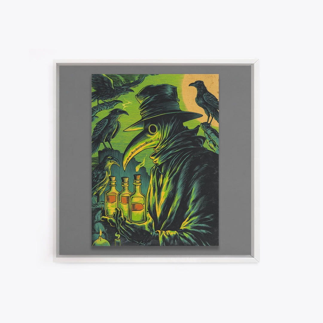 The Plague Doctor, Macabre Folk Print Art, Square Wall Art, Dark Halloween Decor, Framed Canvas Print, Halloween Wall Art