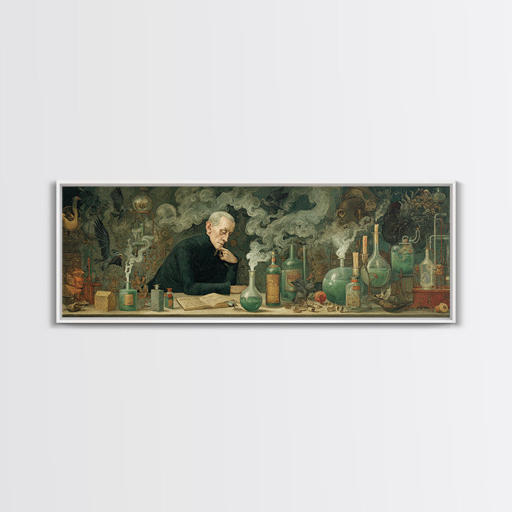 The Mad Alchemist, Medieval Grotesque Art, Extra Wide Wall Art, Dark Halloween Decor, Framed Canvas Print, Halloween Wall Art