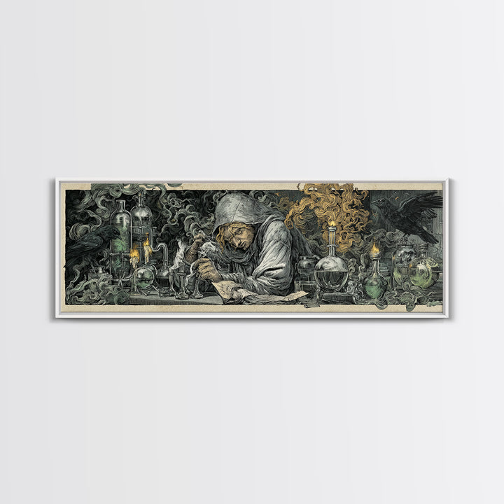 The Mad Alchemist, Renaissance Engraving Art, Extra Wide Wall Art, Dark Halloween Decor, Framed Canvas Print, Halloween Wall Art