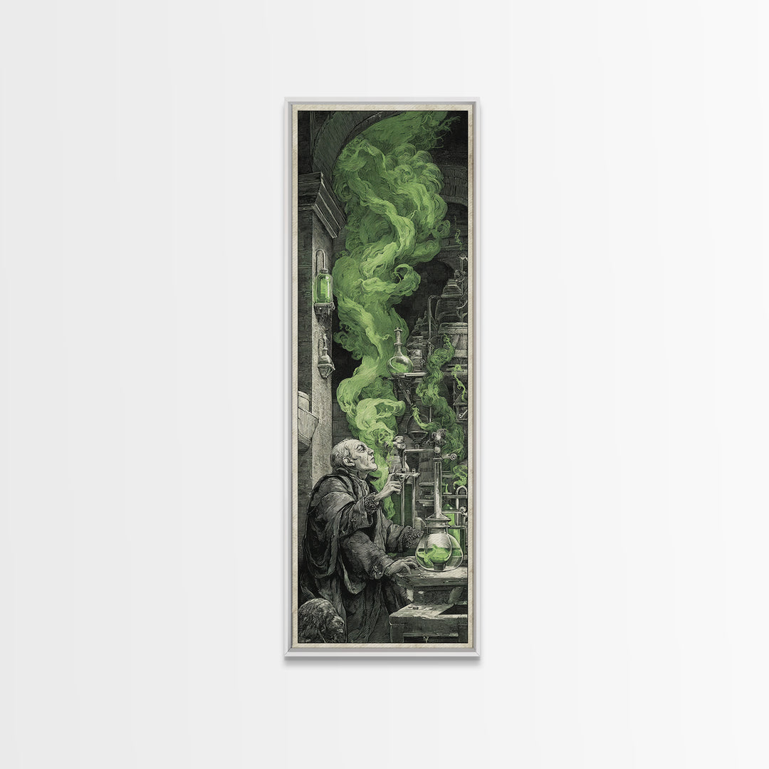 The Mad Alchemist, Architectural Etching Art, Tall Narrow Wall Art, Dark Halloween Decor, Framed Canvas Print