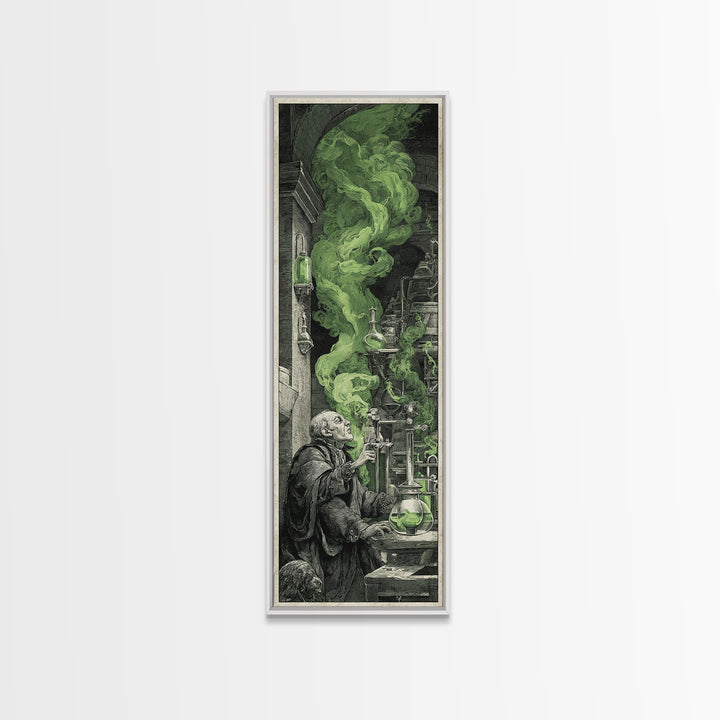 The Mad Alchemist, Architectural Etching Art, Tall Narrow Wall Art, Dark Halloween Decor, Framed Canvas Print
