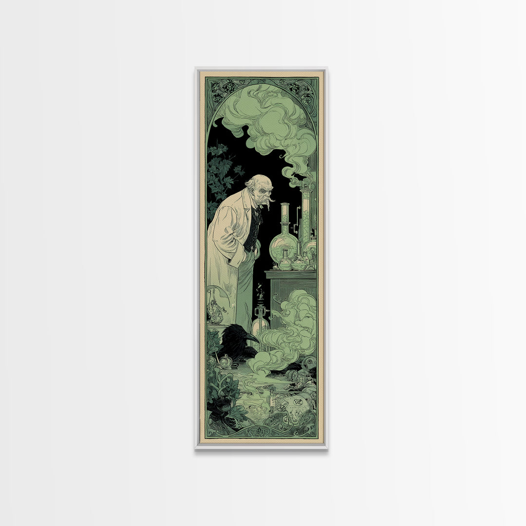 The Mad Alchemist, Decadent Line Art, Tall Narrow Wall Art, Gothic Horror Wall Art, Framed Canvas Print, Halloween Wall Art