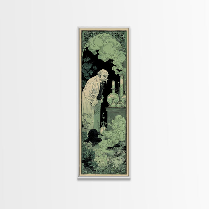The Mad Alchemist, Decadent Line Art, Tall Narrow Wall Art, Gothic Horror Wall Art, Framed Canvas Print, Halloween Wall Art
