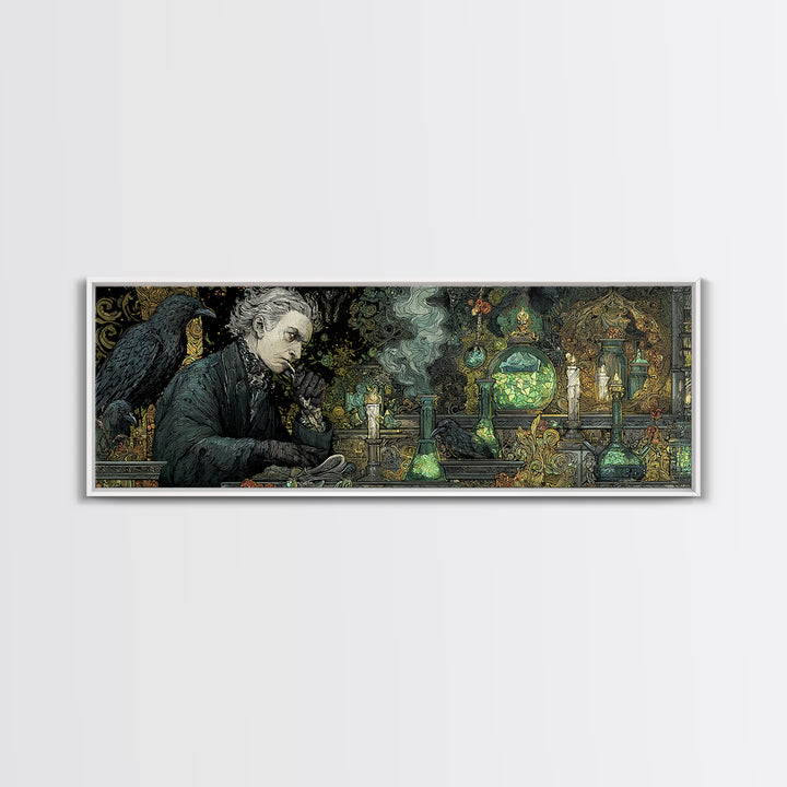 The Mad Alchemist, Stained Glass Gothic Art, Extra Wide Wall Art, Dark Halloween Decor, Canvas Print, Halloween Wall Art