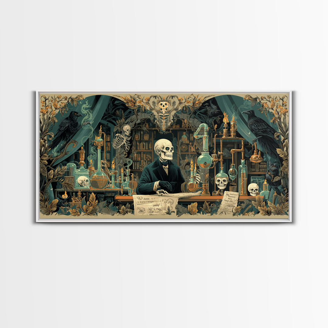 The Mad Alchemist, Macabre Folk Print Art, Wide Panoramic Art, Dark Halloween Decor, Framed Canvas Print, Halloween Wall Art