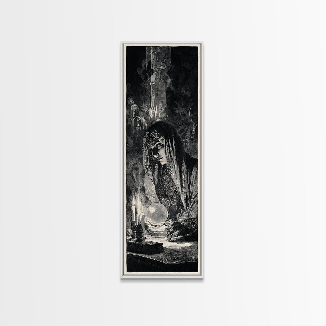 The Midnight Fortune Teller, Gothic Engraving Art, Tall Narrow Wall Art, Dark Halloween Decor, Framed Canvas Print, Halloween Wall Art