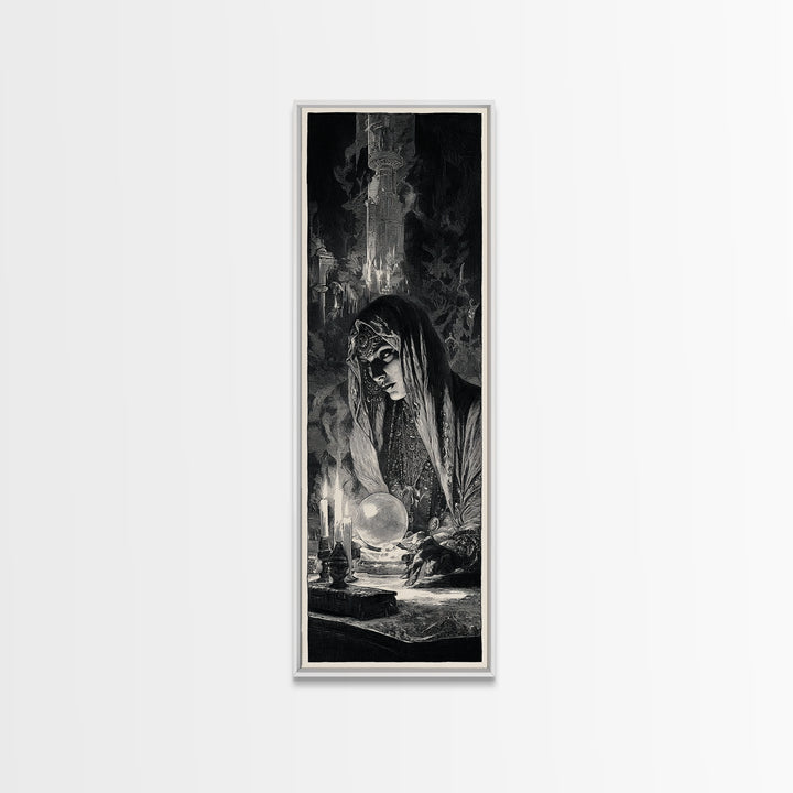 The Midnight Fortune Teller, Gothic Engraving Art, Tall Narrow Wall Art, Dark Halloween Decor, Framed Canvas Print, Halloween Wall Art