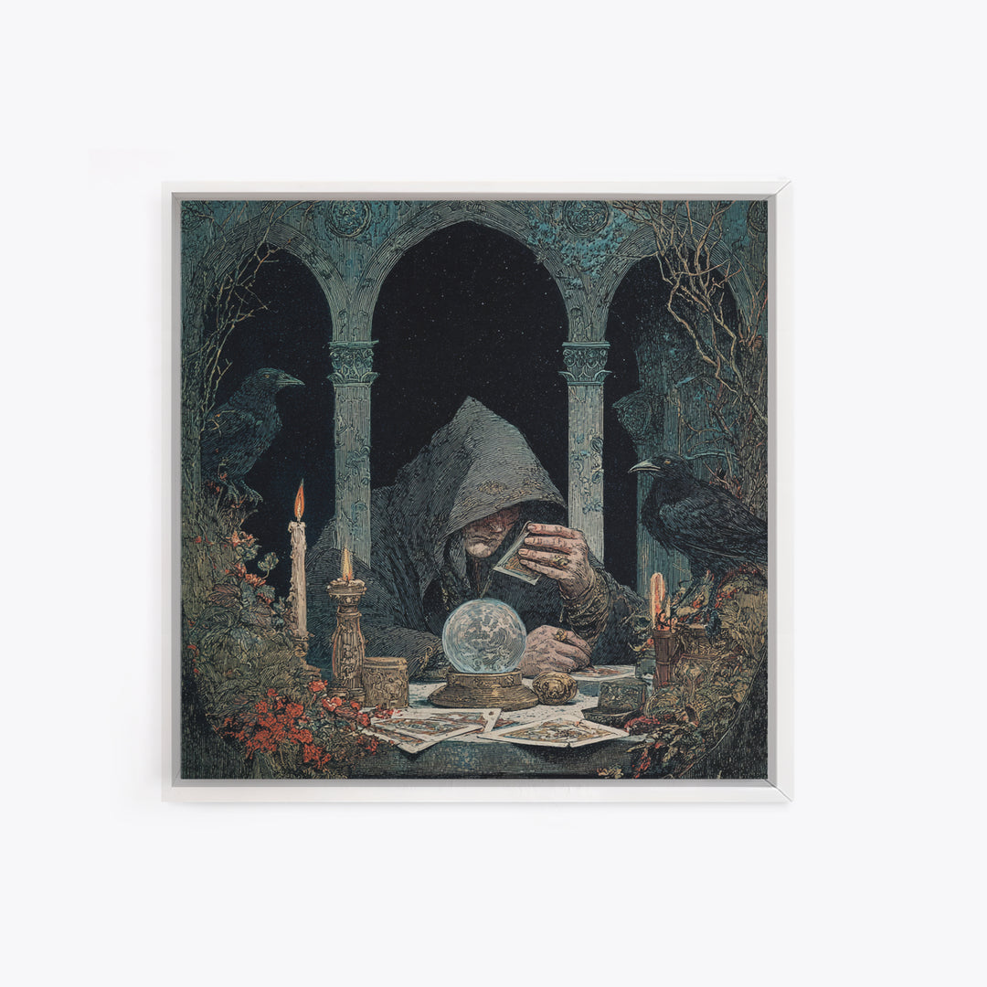The Midnight Fortune Teller, Symbolist Etching Art, Square Wall Art, Dark Halloween Decor, Framed Canvas Print, Halloween Wall Art