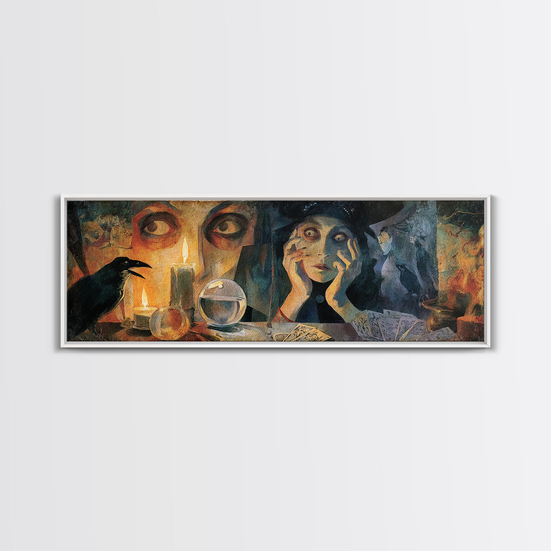 The Midnight Fortune Teller, Expressionist Gothic Art, Extra Wide Wall Art, Macabre Wall Art, Canvas Print, Halloween Wall Art