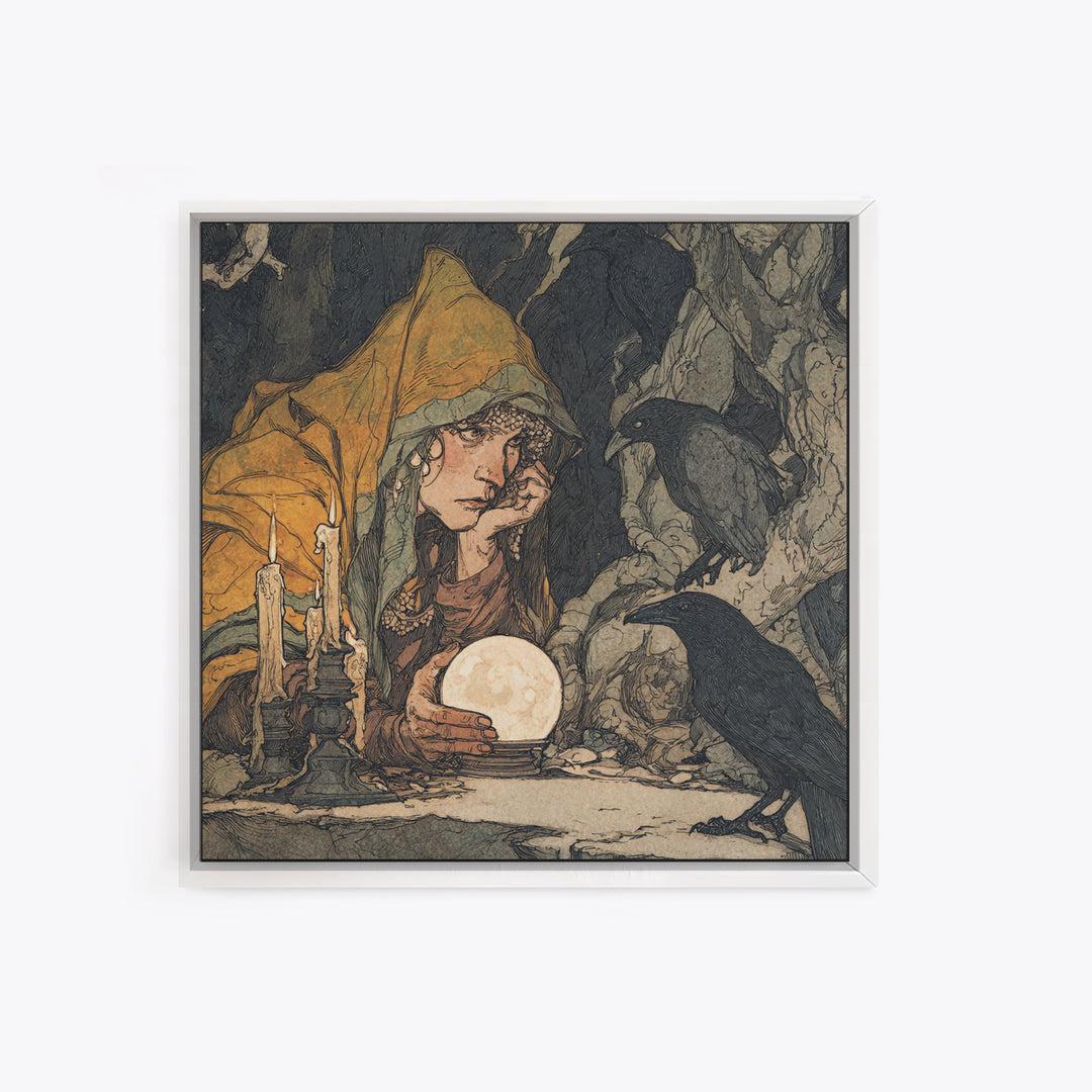 The Midnight Fortune Teller, Gothic Storybook Art, Square Wall Art, Dark Fantasy Wall Art, Framed Canvas Print, Halloween Wall Art