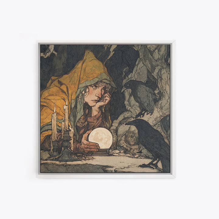The Midnight Fortune Teller, Gothic Storybook Art, Square Wall Art, Dark Fantasy Wall Art, Framed Canvas Print, Halloween Wall Art