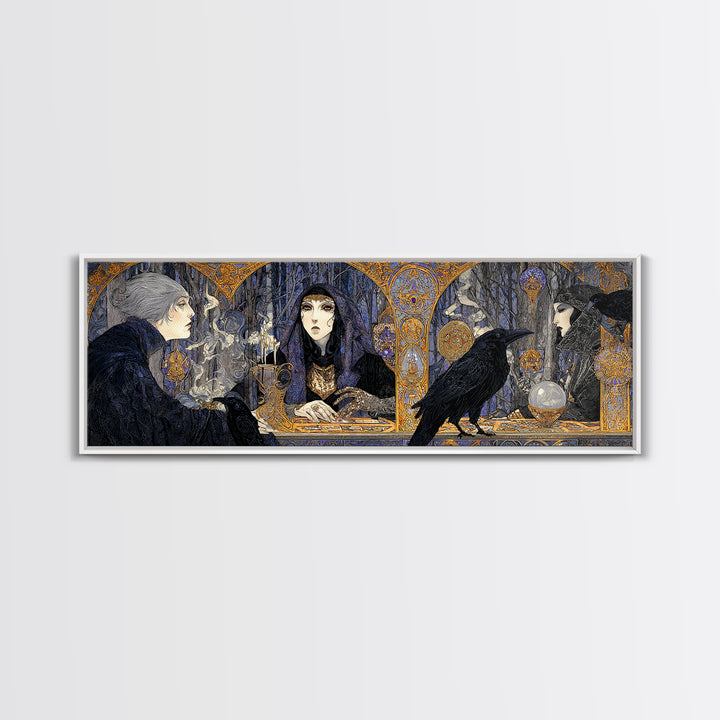 The Midnight Fortune Teller, Stained Glass Gothic Art, Extra Wide Wall Art, Dark Halloween Decor, Canvas Print, Halloween Wall Art