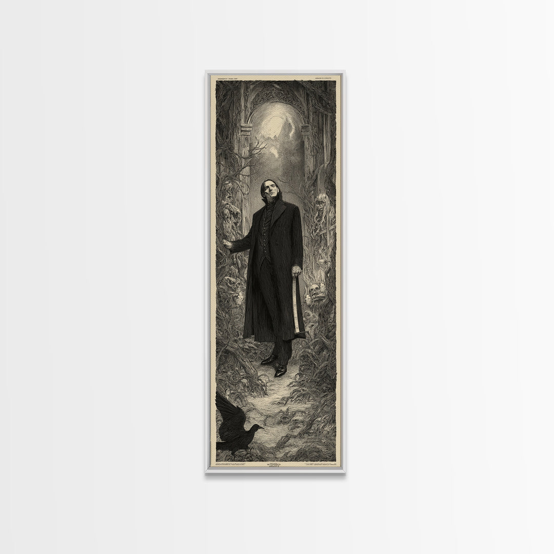 The Sinister Undertaker, Gothic Engraving Art, Tall Narrow Wall Art, Dark Fantasy Wall Art, Framed Canvas Print, Halloween Wall Art