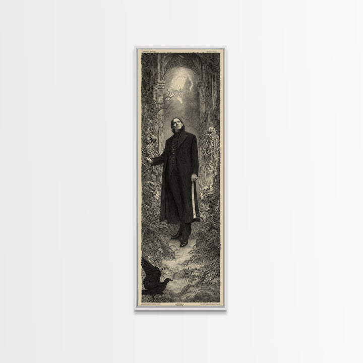 The Sinister Undertaker, Gothic Engraving Art, Tall Narrow Wall Art, Dark Fantasy Wall Art, Framed Canvas Print, Halloween Wall Art