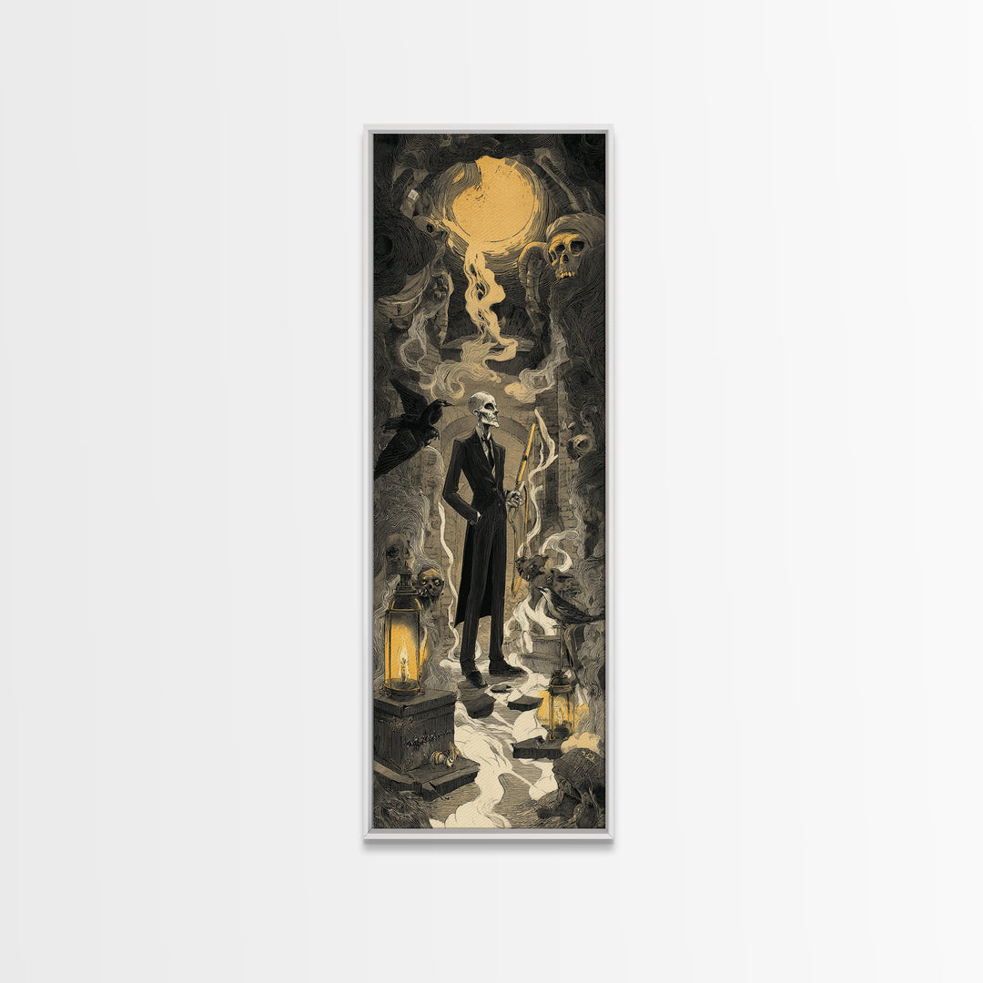 The Sinister Undertaker, Architectural Etching Art, Tall Narrow Wall Art, Dark Halloween Decor, Canvas Print, Dark Fantasy Art
