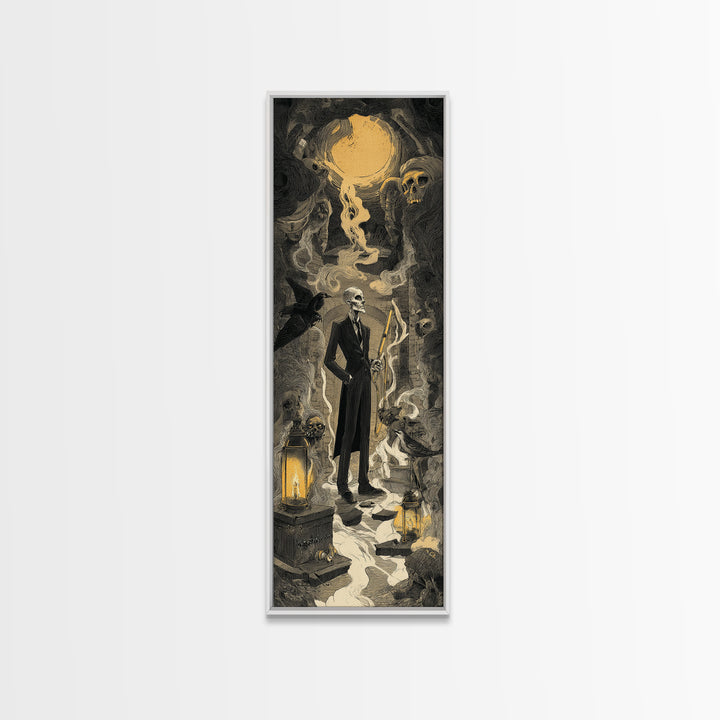The Sinister Undertaker, Architectural Etching Art, Tall Narrow Wall Art, Dark Halloween Decor, Canvas Print, Dark Fantasy Art