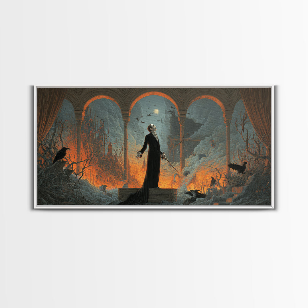 The Sinister Undertaker, Apocalyptic Romantic Art, Wide Panoramic Art, Dark Halloween Decor, Canvas Print, Halloween Wall Art