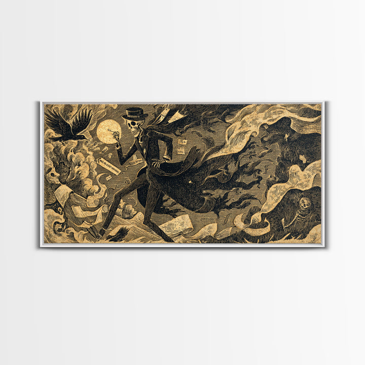 The Sinister Undertaker, Macabre Folk Print Art, Wide Panoramic Art, Dark Fantasy Wall Art, Canvas Print, Halloween Wall Art