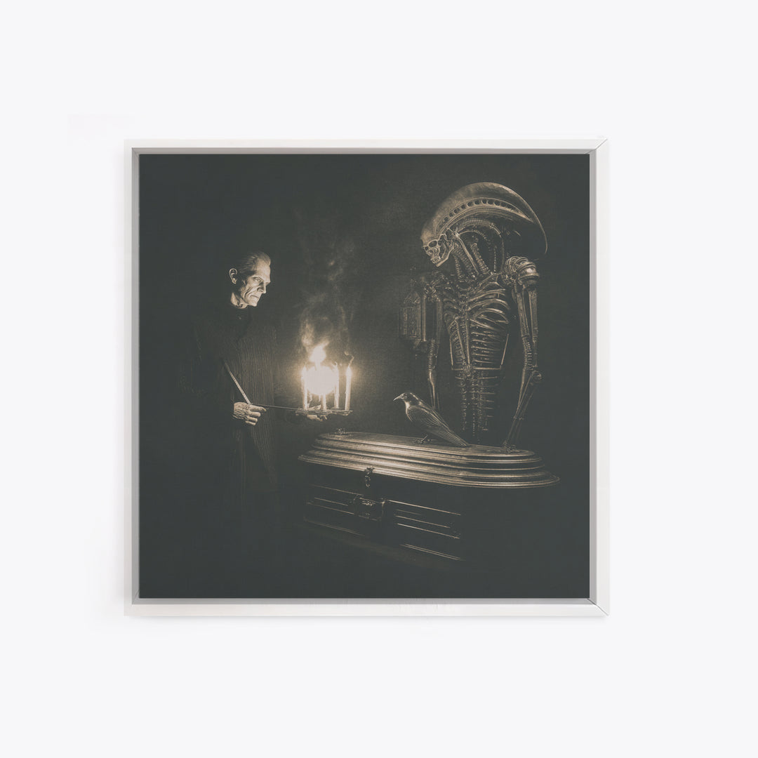 The Sinister Undertaker, Biomechanical Horror Art, Square Wall Art, Dark Fantasy Wall Art, Framed Canvas Print, Halloween Wall Art