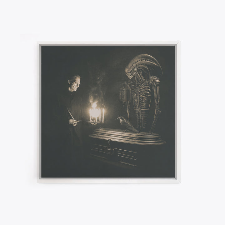 The Sinister Undertaker, Biomechanical Horror Art, Square Wall Art, Dark Fantasy Wall Art, Framed Canvas Print, Halloween Wall Art